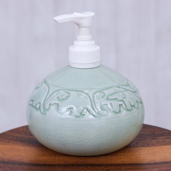 Alternate image for Hand Crafted Celadon Ceramic Soap Dispenser Elephant Bath