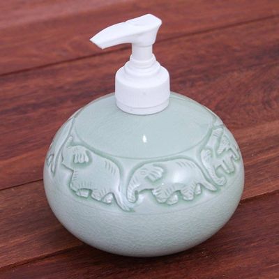 Alternate image for Hand Crafted Celadon Ceramic Soap Dispenser Elephant Bath