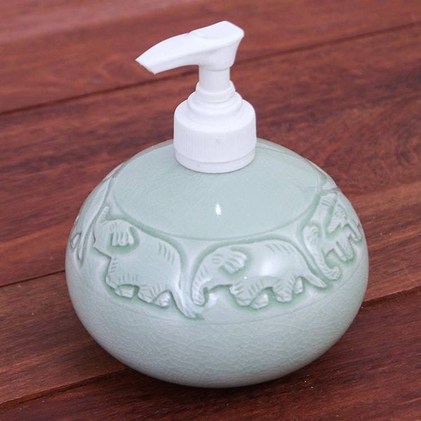 Alternate image for Hand Crafted Celadon Ceramic Soap Dispenser Elephant Bath