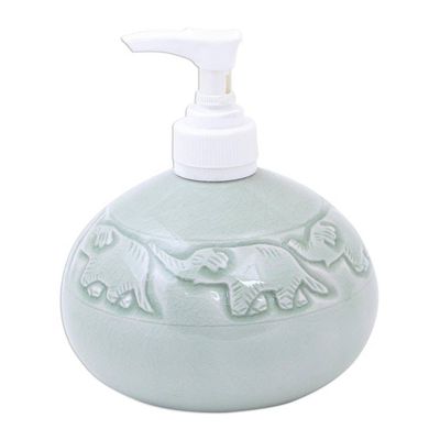 Alternate image for Hand Crafted Celadon Ceramic Soap Dispenser Elephant Bath