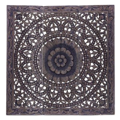 Alternate image for Handmade Reclaimed Teak Wood Relief Panels Set of 3 Unfolding Lotus