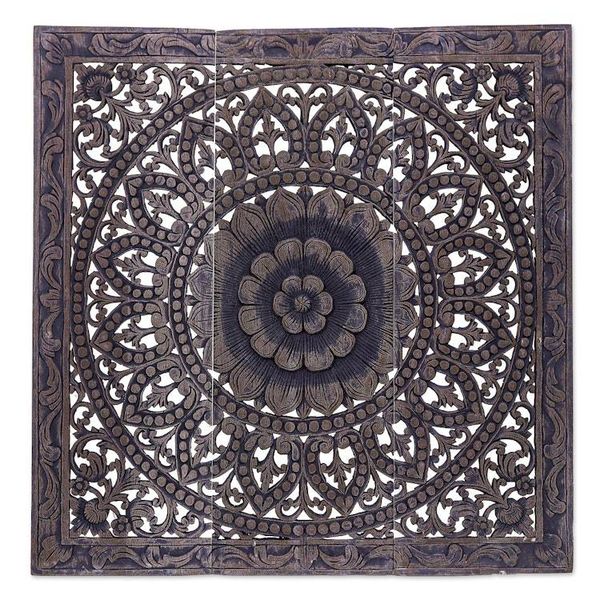 Alternate image for Handmade Reclaimed Teak Wood Relief Panels Set of 3 Unfolding Lotus