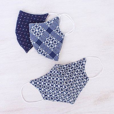 Alternate image for 3 Thai Handmade White Navy Blue Cotton Face Masks Cool Thai Blues