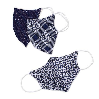 Alternate image for 3 Thai Handmade White Navy Blue Cotton Face Masks Cool Thai Blues