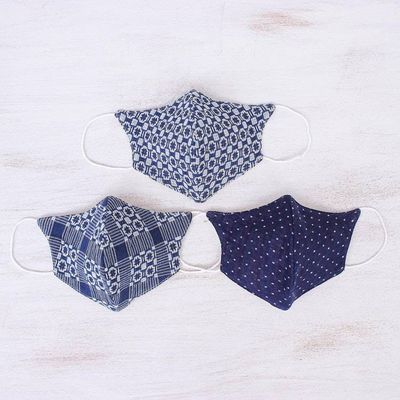 Alternate image for 3 Thai Handmade White Navy Blue Cotton Face Masks Cool Thai Blues