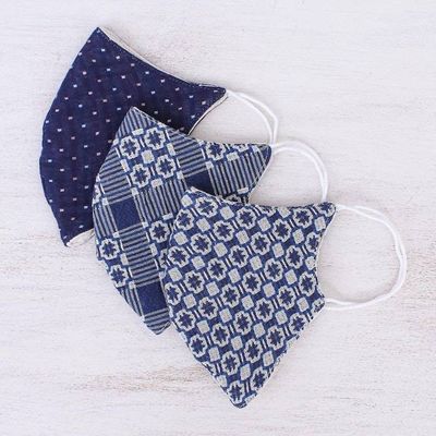 Alternate image for 3 Thai Handmade White Navy Blue Cotton Face Masks Cool Thai Blues