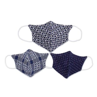 Alternate image for 3 Thai Handmade White Navy Blue Cotton Face Masks Cool Thai Blues