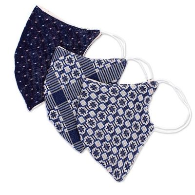 Alternate image for 3 Thai Handmade White Navy Blue Cotton Face Masks Cool Thai Blues