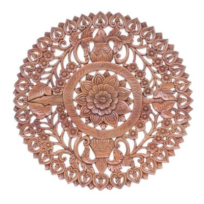 Alternate image for Reclaimed Teak Wood Lotus Flower Relief Panel Spiraling Lotus