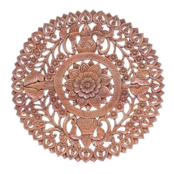 Alternate image for Reclaimed Teak Wood Lotus Flower Relief Panel Spiraling Lotus