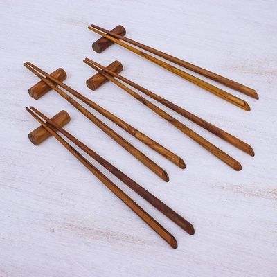 Alternate image for Teak Wood Chopsticks from Thailand Set of 4 with Rests Miraculous