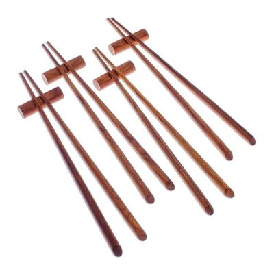 Alternate image for Teak Wood Chopsticks from Thailand Set of 4 with Rests Miraculous