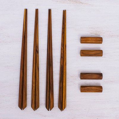 Alternate image for Teak Wood Chopsticks from Thailand Set of 4 with Rests Miraculous
