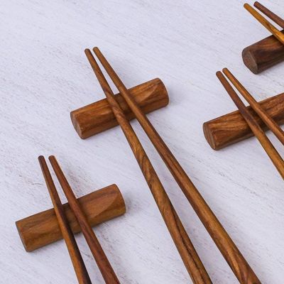 Alternate image for Teak Wood Chopsticks from Thailand Set of 4 with Rests Miraculous