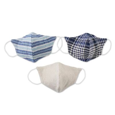 Alternate image for Three Handcrafted Thai Face Masks-1 Hemp and 2 Blue Cotton Spirit of the Sea