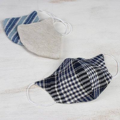 Alternate image for Three Handcrafted Thai Face Masks-1 Hemp and 2 Blue Cotton Spirit of the Sea