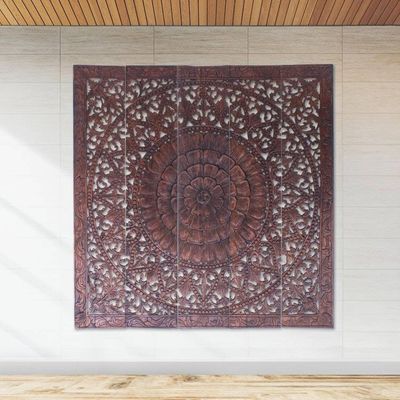 Alternate image for Reclaimed Teak Wood Lotus-Motif Relief Panel Set of 5 Classic Lotus