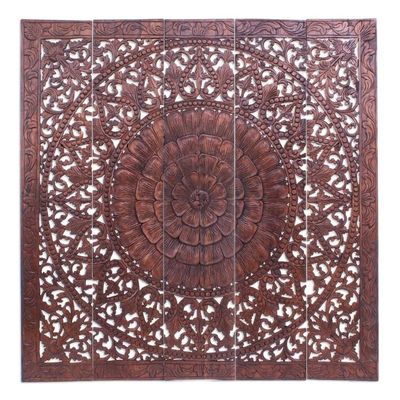 Alternate image for Reclaimed Teak Wood Lotus-Motif Relief Panel Set of 5 Classic Lotus