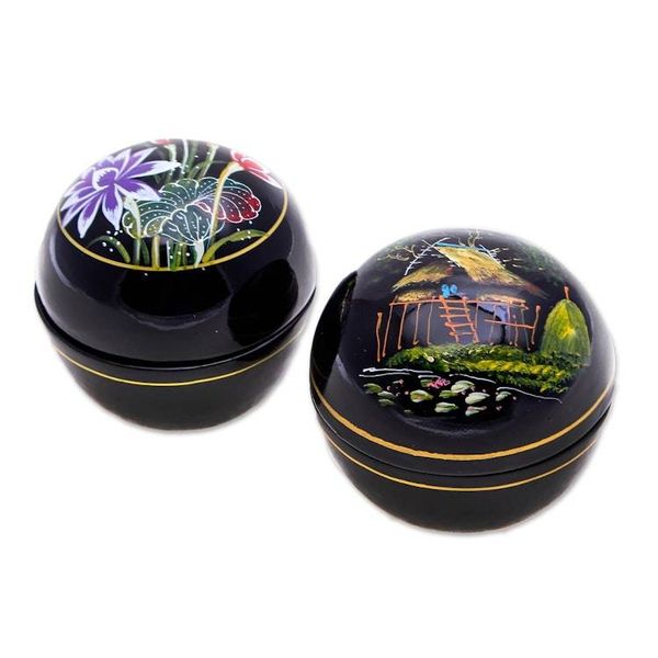 Alternate image for Hand-Painted Thai Lacquerware Boxes Pair Countryside Scenes