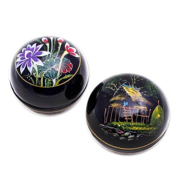 Alternate image for Hand-Painted Thai Lacquerware Boxes Pair Countryside Scenes