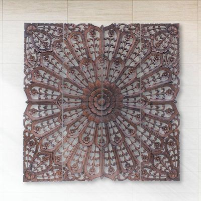 Alternate image for Hand Carved Teak Wood Relief Panels Set of 4 Modern Lotus