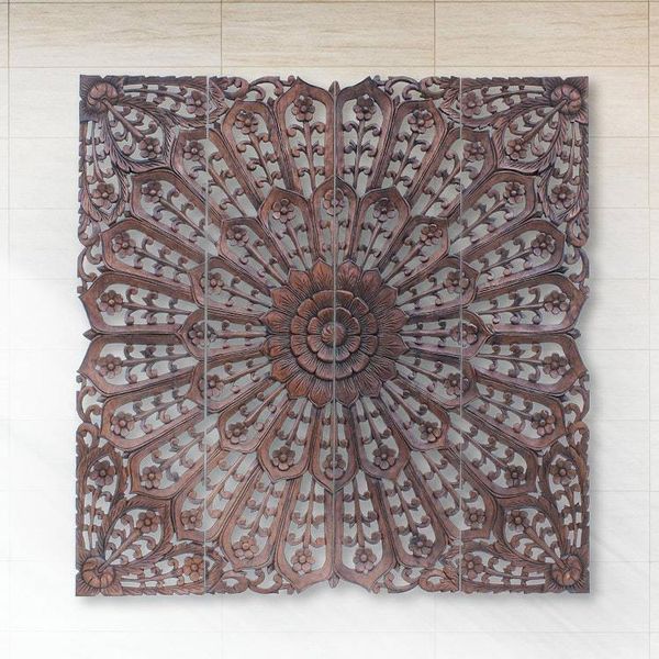 Alternate image for Hand Carved Teak Wood Relief Panels Set of 4 Modern Lotus