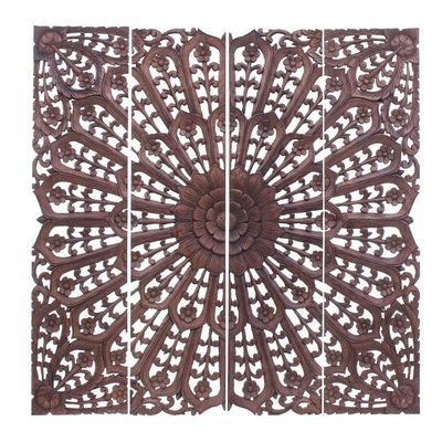Alternate image for Hand Carved Teak Wood Relief Panels Set of 4 Modern Lotus