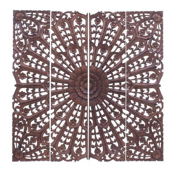 Alternate image for Hand Carved Teak Wood Relief Panels Set of 4 Modern Lotus