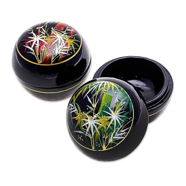 Alternate image for Round Lacquerware Wood Boxes Pair Bamboo Flair