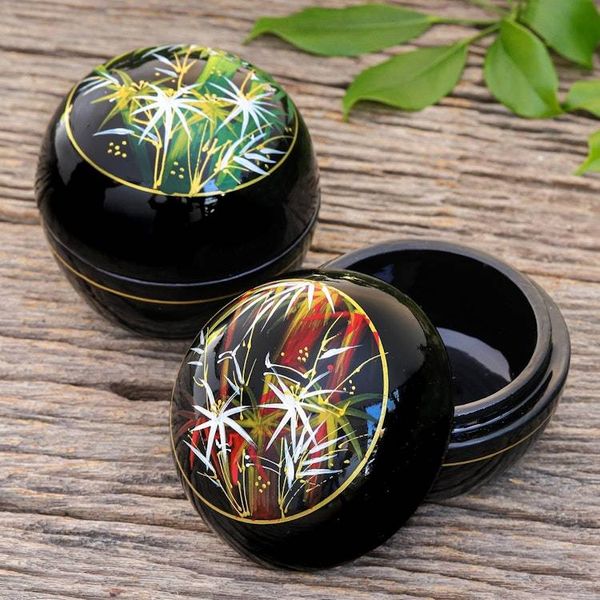 Alternate image for Round Lacquerware Wood Boxes Pair Bamboo Flair