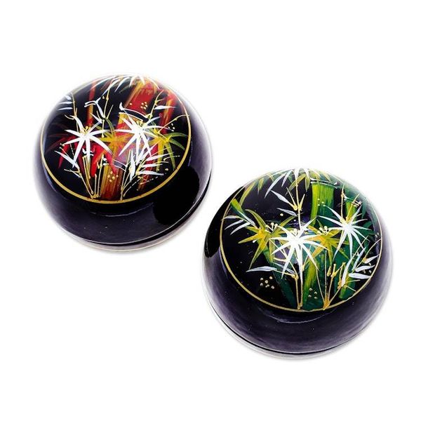Alternate image for Round Lacquerware Wood Boxes Pair Bamboo Flair
