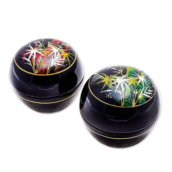 Alternate image for Round Lacquerware Wood Boxes Pair Bamboo Flair