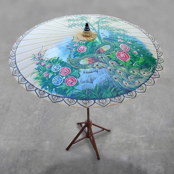 Alternate image for Peacock-Themed Cotton and Bamboo Parasol in Buff Heavenly Peacocks