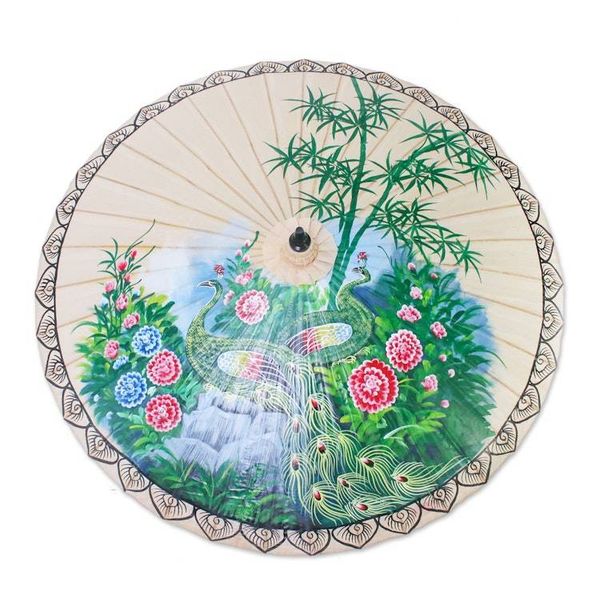 Alternate image for Peacock-Themed Cotton and Bamboo Parasol in Buff Heavenly Peacocks