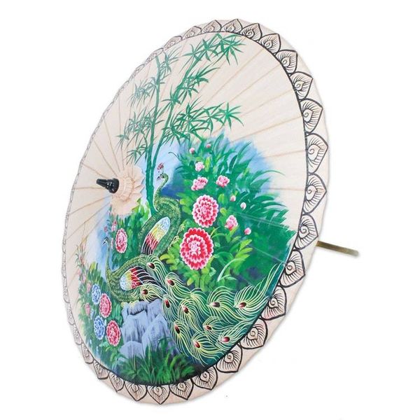 Alternate image for Peacock-Themed Cotton and Bamboo Parasol in Buff Heavenly Peacocks