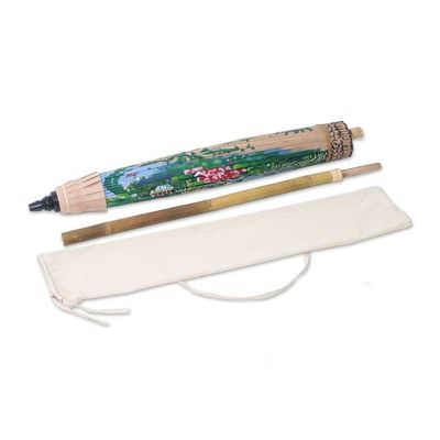 Alternate image for Peacock-Themed Cotton and Bamboo Parasol in Buff Heavenly Peacocks