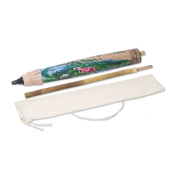 Alternate image for Peacock-Themed Cotton and Bamboo Parasol in Buff Heavenly Peacocks