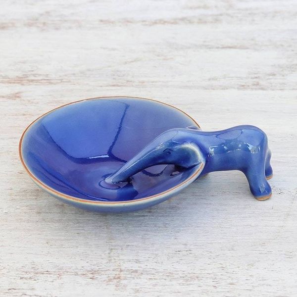 Alternate image for Elephant-Themed Blue Ceramic Incense Holder from Thailand Sipping Elephant