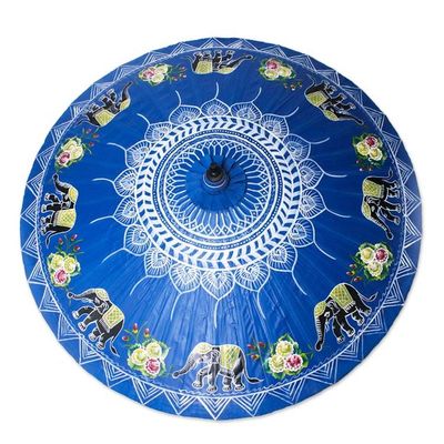 Alternate image for Elephant-Themed Cotton and Bamboo Parasol in Sapphire Happy Little Elephants