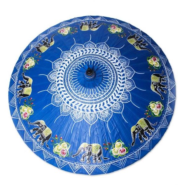 Alternate image for Elephant-Themed Cotton and Bamboo Parasol in Sapphire Happy Little Elephants