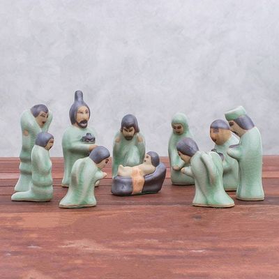 Alternate image for Celadon Ceramic Nativity Scene from Thailand 10 Piece Nativity of Love