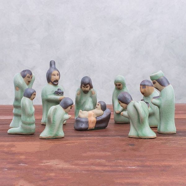 Alternate image for Celadon Ceramic Nativity Scene from Thailand 10 Piece Nativity of Love