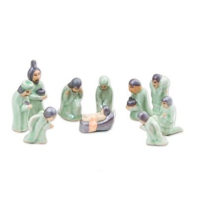 Alternate image for Celadon Ceramic Nativity Scene from Thailand 10 Piece Nativity of Love