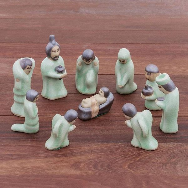 Alternate image for Celadon Ceramic Nativity Scene from Thailand 10 Piece Nativity of Love
