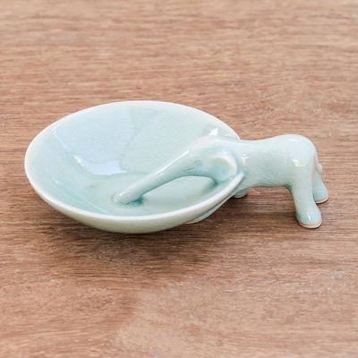 Alternate image for Elephant-Themed Celadon Ceramic Incense Holder Sipping Elephant
