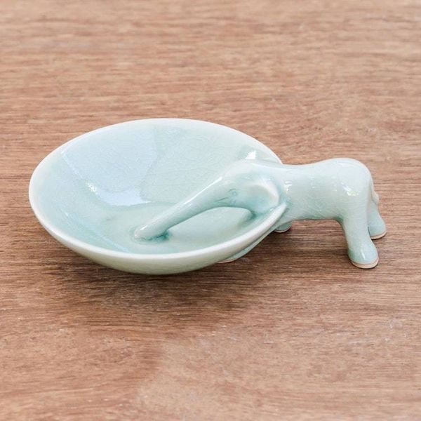 Alternate image for Elephant-Themed Celadon Ceramic Incense Holder Sipping Elephant
