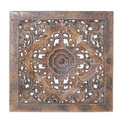 Alternate image for Floral Teak Wood Relief Panel in Rustic Brown from Thailand Floral Symmetry