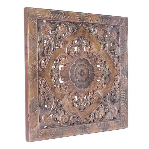 Alternate image for Floral Teak Wood Relief Panel in Rustic Brown from Thailand Floral Symmetry