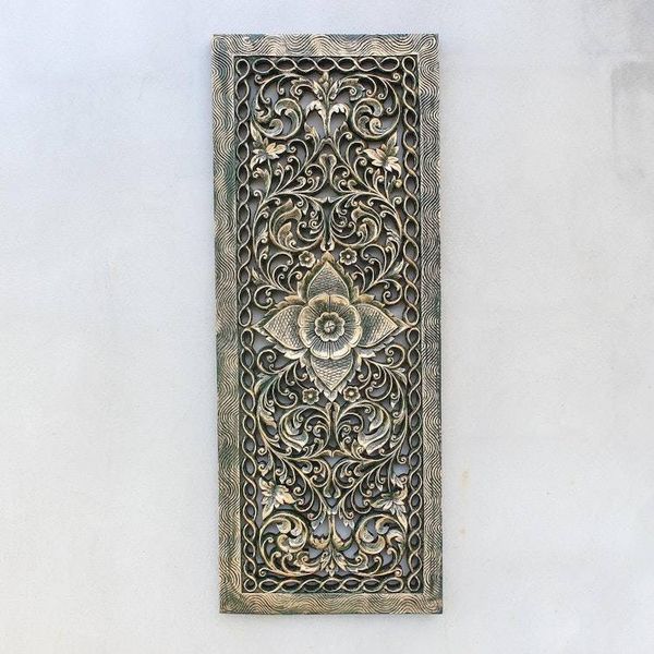 Alternate image for Green Floral Teak Wood Relief Panel from Thailand Imperial Blossom