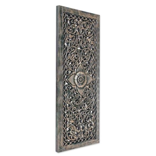 Alternate image for Green Floral Teak Wood Relief Panel from Thailand Imperial Blossom